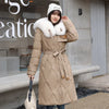 White Fur Collar Down Cotton Parkas Padded Coat Women Winter Long Over The Knee Waist Warm Thick Parkas Coat
