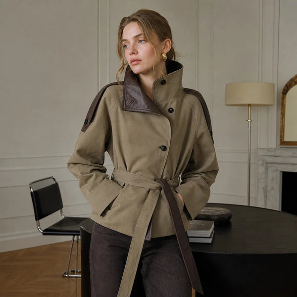 Women Cropped Trench Coat Faux Leather Spliced Epaulets Belted Waist Loose Fit Khaki Short Jacket Vintage Ladies Outerwear