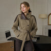 Women Cropped Trench Coat Faux Leather Spliced Epaulets Belted Waist Loose Fit Khaki Short Jacket Vintage Ladies Outerwear