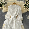 Chic Lace Slim Stand Collar Long Sleeve Spliced Single Breasted Dress High Street Vintage Evening Women Autumn Winter Clothing