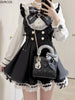 Japanese Y2 Aesthetics Rhinestone Bow Dress Shorts Set Women Gothic Lolita Style Long Sleeve Shirt Dresses Party Slim Mini Dress
