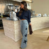 Y2K Women's Diamond Star Blue Jeans High Waist Pockets Zipper Wide Leg Denim Pant Summer Autumn Lady Street All-match Pants