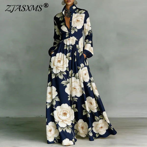 Women's Stand Collar Button Shirt Maxi Dresses Spring Casual High Waist Pocket Hem Long Dress Chic Floral Print Boho Party Dress