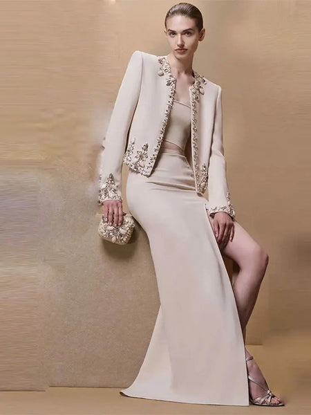 High Street Designer Suit Set Women's Rhinestone Diamonds Beaded Cardigan Jacket Split Half Skirt Set 2pcs