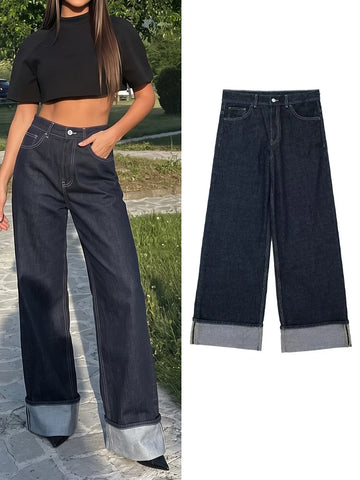 Women Dark Blue Denim Pants Long Loose Zipper Fly Double Pockets Wide Leg Pants Casual Street Vintage Outfit