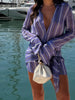 Women Chic Vacation Outfits Striped Print Sheer Chiffon Shirt Casual Turn-down Collar Mini Dress & Detachable Scarf