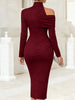 Women's White Off Shoulder Asymmetric Bodycon Dresses Autumn High Collar Cutout Long Sleeve Ruched Slit Slim Midi Dress