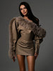 Sexy Furry PU Patchwork Dress Women Zip Diagonal Collar Tierred Ruched Irregular Full Sleeve Winter Streetwear