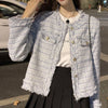 French White Tweed Crop Jacket for Women Autumn Elegant Slimming Decor Button Coat Woman Round Neck Long Sleeve Outerwear