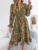 Elegant Floral Print Dresses for Women Autumn Winter Casual V Neck Flare Long Sleeve Ruffled A Line Dress