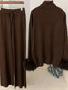 2 Pieces Sets For Women High Neck Loose Sweater With Fox Fur Cuffs Wide Leg Trousers Spring Winter 2DB1757