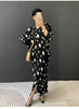 Balck Dot Printting Pleated Women's Dress V Collar Batwing Sleeve Mid-Length Mermaid Dresses 2DB6625