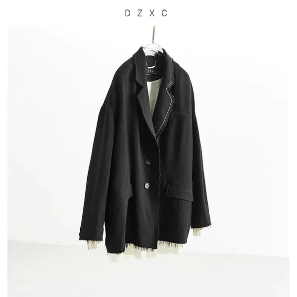 Designer Style Fake Two-Piece Fringed Oversized Jacket, Women's Casual Loose Blazer, Spring Model