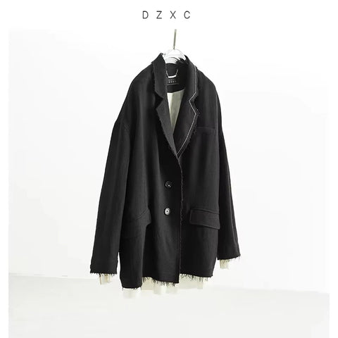 Designer Style Fake Two-Piece Fringed Oversized Jacket, Women's Casual Loose Blazer, Spring Model