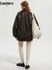 Spring Autumn Cool Brown Oversized Pu Leather Jacket Women Long Sleeve Zip Up Designer American Retro Clothing