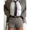 Checked Lapel Jacket Shorts Set Women Long Sleeve Buttons Belt Pocket Loose Blazer Suit Lady Office Commute Outfit