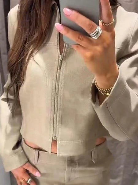 Casual Coat Pant Women Sets Urban Zippers Long Sleeve Jacket Zipper Pleated Straight Trousers Autumn Chic Lady Outfit