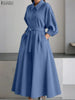 Plus Size Women Stylish Belted Pleated Maxi Dresses Long Sleeve Lapel Half Buttons Solid Color Long Dress Streetwear 5XL