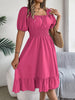 Solid Puff Sleeve Square Neck Ruched Bust Ruffle Hem Wasit Dress, Women's Clothing