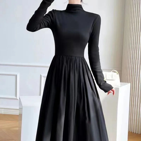 French Style Black A-Line Dresses Women Elegant High Waist Long Sleeve Midi Dress Autumn Winter Slim Fit Maxi Dress