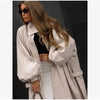 Women's Brown Stand Up Collar Long Long Trench Coat Lantern Sleeve Side Slit Loose Windbreaker Spring Autumn Coat