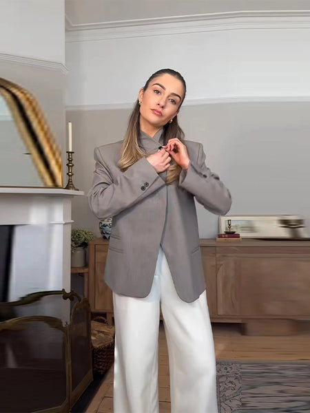 Stand Collar Side Placket Suit Jacket Women Elegant Long Sleeve Button Pocket Loose Coats Spring Chic Office Lady Outerwears