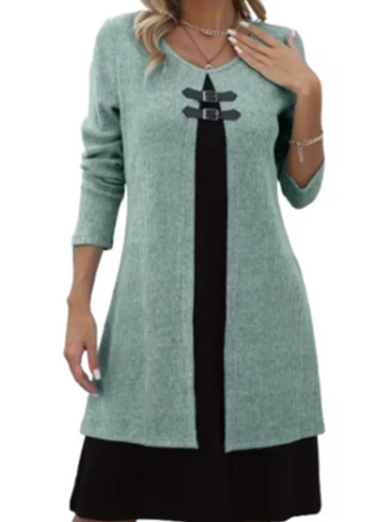 Color Blocked Round Neck Long Sleeved Button Casual Women's Dress High Street Daily Commuting Style Spring Dresses