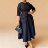 Elegant Churchs Black Dress for Women Round Neck 3/4 Sleeve Pocket Vintage Contrast Midi Dresses Autumn Clothing
