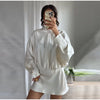 Elegant Satin Mini Dress For Women Scarf Collar Batwing Sleeve Waist Dress Lady Autumn Chic Party Evening Vestidos