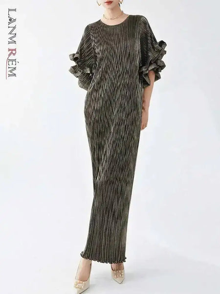 Elegant Pleated Long Dress For Women O-neck Flare Sleeves High Waist Solid Color Dresses Spring Clothing 2Z2387