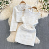 Autumn Dress Suit Women Korean Chic Blue Tweed Jacket + Vest Dress Elegant 2 Piece Set Long Sleeve Cropped Coat