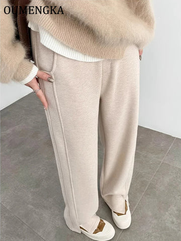 High Waist Autumn Winter Women Woolen Pants Elastic Waist Quality Trousers Straight Type Soft Warm Trousers