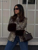 Women Leopard Print Stand Collar Waist Cinched Faux Fur Short Coat Fluffy Cuff Outerwear Winter Ladies Warm Furry Jacket