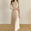 Autumn Winter Slim Long Sleeve Party Midi Dress for Women Knitted Half High Collar Elegant Knitted Sweater Dresses Ladies