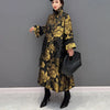 Gold Flowers Jacquard Korean Style Woman Winter Loose Fit Chic Dress Big Size Turtleneck Girls Unique Casual Robe JJXD679
