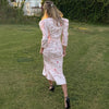 Elegant Floral Long Dress Women's Deep V neck High Waist Office Lady Party Dress Slim Long Sleeve Female Fishtail Dress