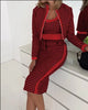 Sexy Slim Print Suit Elegant Office Lady Round Neck Vest Zippered Long Sleeve Jacket Package HipSkirt Three Piece Set