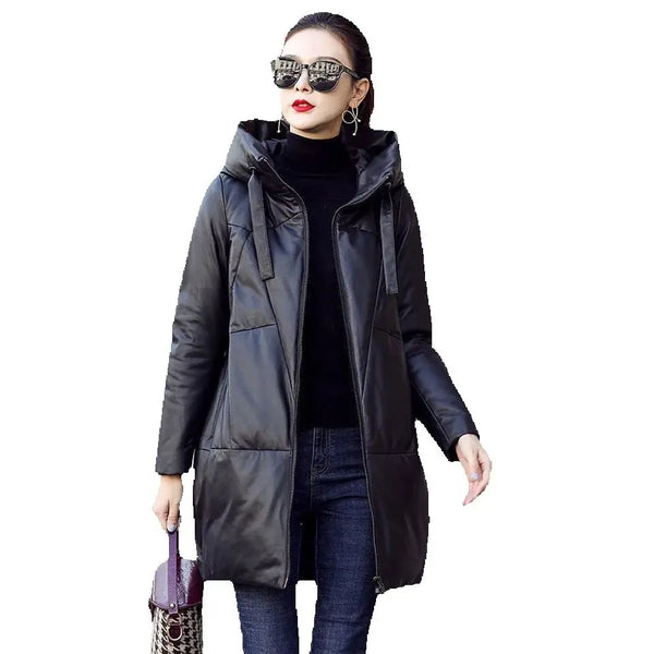 Black PU Leather Coat Hooded Down Cotton Clothes Women's Winter Cocoon-Type Thick Loose Cotton-Padded Jacket Thick Parkas
