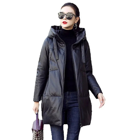 Black PU Leather Coat Hooded Down Cotton Clothes Women's Winter Cocoon-Type Thick Loose Cotton-Padded Jacket Thick Parkas