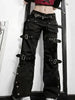 Metal Button High Waisted Straight Leg Jeans Drop Crotch Trousers Streetwear Hip Hop Y2K Cargo Denim Pants for Women