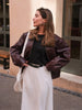 Vintage Wine Red Loose Short Leather Jacket Women Lapel Long Sleeves Zipper Cropped Coat Autumn Lady Street Outwear