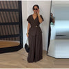 Chic Solid Stand Neck Blazer Jacket Pant Set Women Full Sleeve Shoulder Pads Coat Wide Leg Pants Autumn Commute Outfit