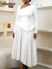 Patchwork Pleated A-Line Mid Dress for Women Long Sleeve Diagonal Collar Office Dresses Female Vacation African Robe