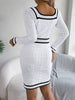 Autumn Winter Casual Elegant Square Collar Button Decoration Knitted Dress Long Sleeve Bodycon Dress for Women