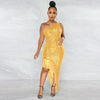 Women Tassel Side Sequins One Shoulder Skew Neck Bodycon Midi Maix Irregular High Low Long Dress Sexy Night Party
