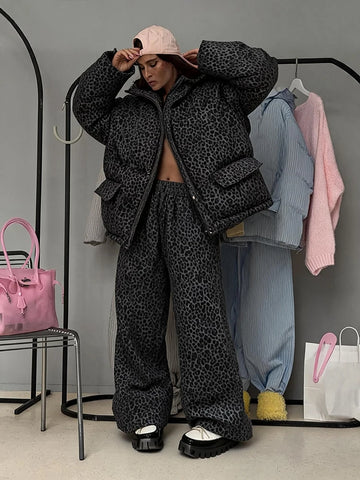 Women's 2-piece Sets Leopard Print Suit Stand Collar Jacket Wide Leg Pant Loose Coat Warm Winter Wear Woman Clothes Matching Set