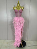 Stock Women Sexy Sparkly Rhinestone Mesh Feather Long Dress Elegant Evening Party Celebrate Birthday Performance Costume
