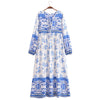 Boho White Blue Totem Print Bow Lacing up Neck Long Straight Dress Women Viscose Cotton Full Sleeve Maxi Robe Holiday