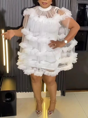 Women Petal Mesh Ball Dress Loose Half High Collar Above Knee Mini Solid Sweet Cute Party Evening Dance Costumes Princess