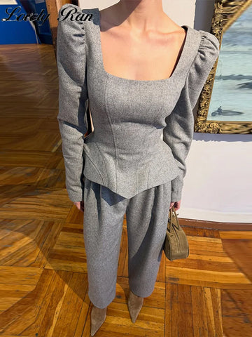 Elegant Woolen Top Pants Women Set Urban Long Sleeve Slash Neck Pleated Blouse Straight Trousers Autumn Winter Lady Suit